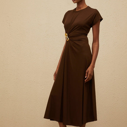 Jasmine Brown Midi Dress with Keyhole Detail