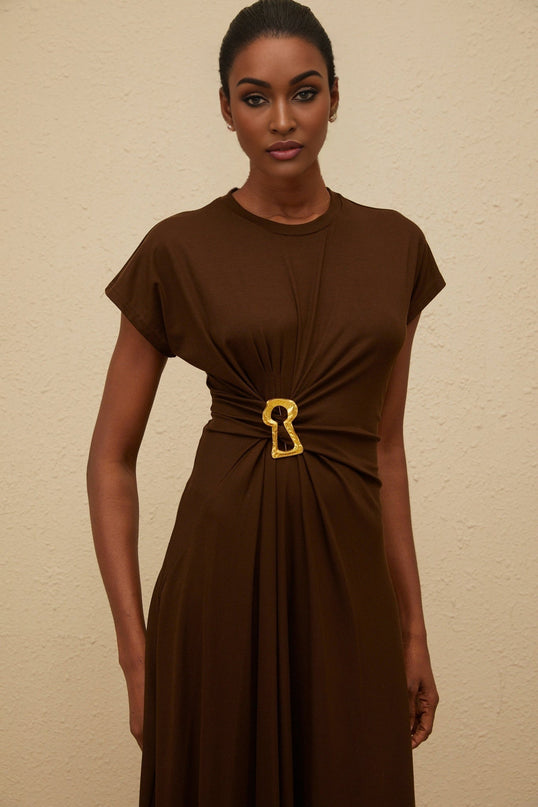 Jasmine Brown Midi Dress with Keyhole Detail