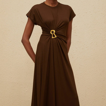 Jasmine Brown Midi Dress with Keyhole Detail