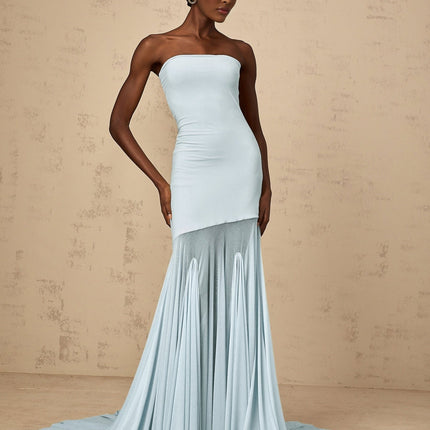 Jasmine Maxi Dress in Blue Tulle Pleated Off-Shoulder Sleeveless Floor-Length
