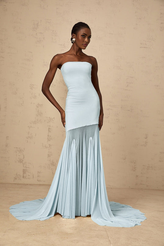 Jasmine Maxi Dress in Blue Tulle Pleated Off-Shoulder Sleeveless Floor-Length
