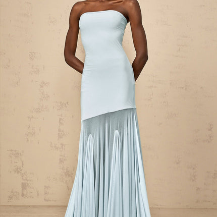 Jasmine Maxi Dress in Blue Sleeveless Tulle Pleated Off-the-Shoulder Floor-Length