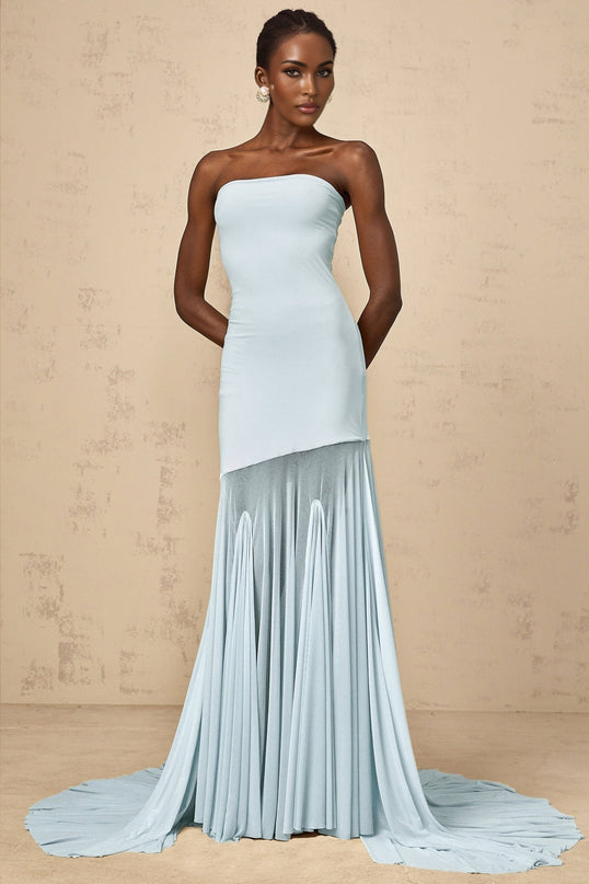 Jasmine Maxi Dress in Blue Sleeveless Tulle Pleated Off-the-Shoulder Floor-Length