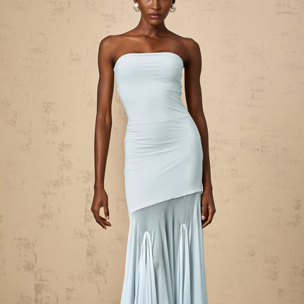 Jasmine Maxi Dress in Blue Pleated Off-the-Shoulder Tulle Fabric