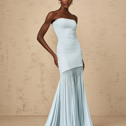 Jasmine Maxi Dress in Blue sheer Tulle fabric off-the-shoulder Pleated detailing sleeveless Polyamide Elastane floor-length silhouette enchantment slip-on style