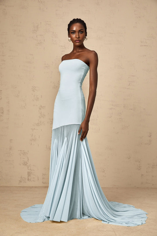 Jasmine Maxi Dress in Blue off-the-shoulder Pleated detailing floor-length silhouette