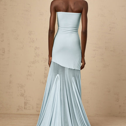 Jasmine Maxi Dress in Blue Pleated Tulle Off-Shoulder Sleeveless Floor-Length