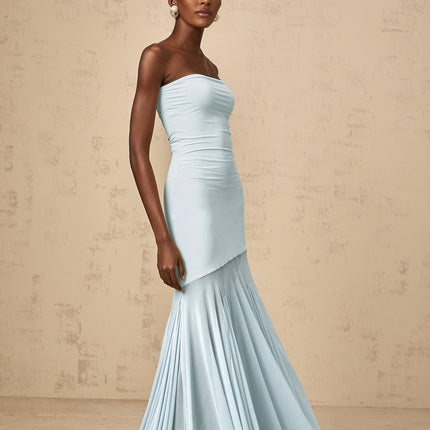 Jasmine Maxi Dress in Blue off-the-shoulder Pleated detailing sheer Tulle fabric Polyamide Elastane floor-length silhouette slip-on style