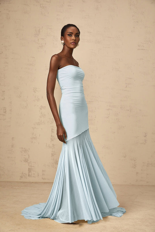 Jasmine Maxi Dress in Blue off-the-shoulder Pleated detailing sheer Tulle fabric Polyamide Elastane floor-length silhouette slip-on style