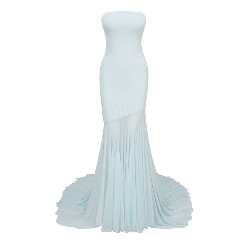 Jasmine Maxi Dress in Blue Pleated Off-Shoulder Sheer Tulle Fabric