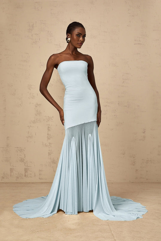 Jasmine Maxi Dress in Blue Sleeveless Tulle Off-the-Shoulder Pleated Floor-Length
