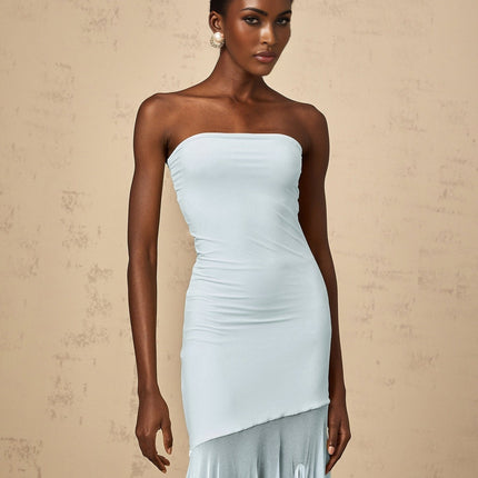 Jasmine Maxi Dress in Blue sleeveless off-the-shoulder Pleated detailing sheer Tulle fabric Polyamide Elastane floor-length silhouette enchanting slip-on style