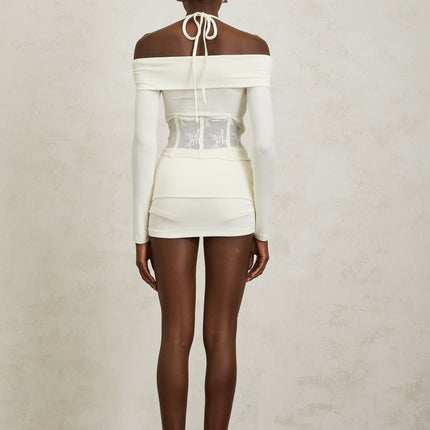 Jasmine White Lace Panel Halterneck Blouse and Skirt Set