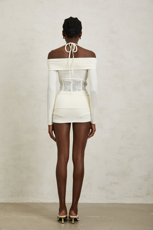 Jasmine White Lace Panel Halterneck Blouse and Skirt Set