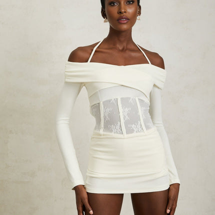 Jasmine White Lace Panel Halterneck Blouse and Skirt Set