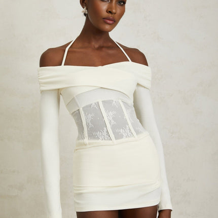 Jasmine White Lace Panel Halterneck Knit Blouse and Skirt Set