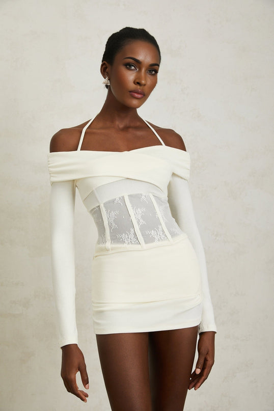 Jasmine White Lace Panel Halterneck Knit Blouse and Skirt Set