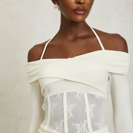 Jasmine White Lace Panel Halterneck Knit Blouse and Skirt Set