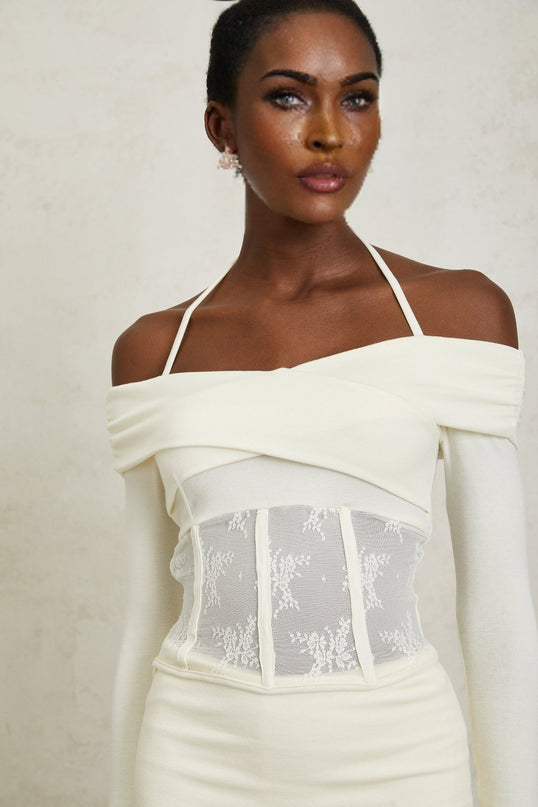 Jasmine White Lace Panel Halterneck Knit Blouse and Skirt Set