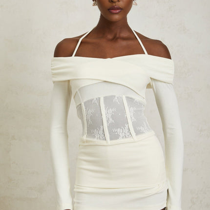 Jasmine White Lace Panel Halterneck Knit Blouse and Skirt Set