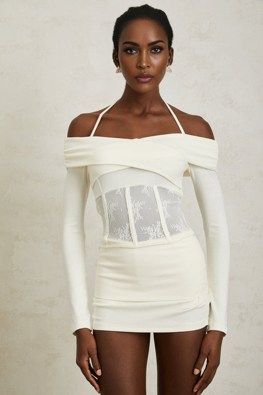 Jasmine White Lace Panel Halterneck Knit Blouse and Skirt Set