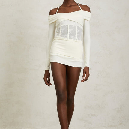 Jasmine White Lace Panel Halterneck Knit Blouse and Skirt Set