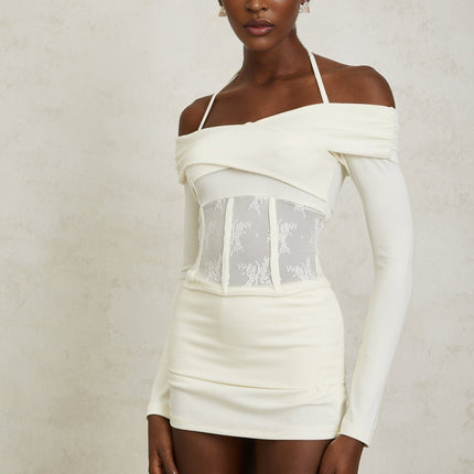 Jasmine White Lace Panel Halterneck Knit Blouse & Skirt Set