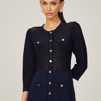 Jayla Dark Blue Knitted Long Sleeve Midi Dress with Front Patch Pockets