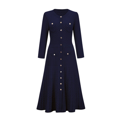 Jayla Dark Blue Knitted Midi Dress with Front Patch Pockets