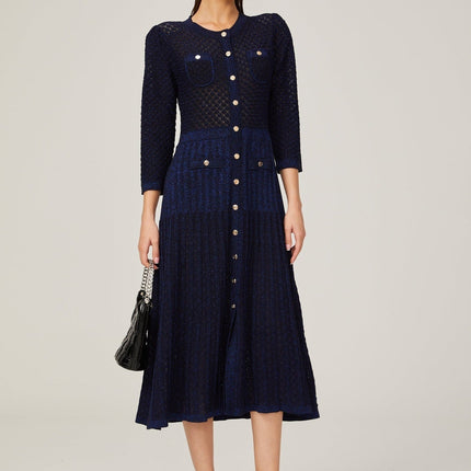 Jayla Dark Blue Long Sleeve Midi Dress in Vibrant Knit