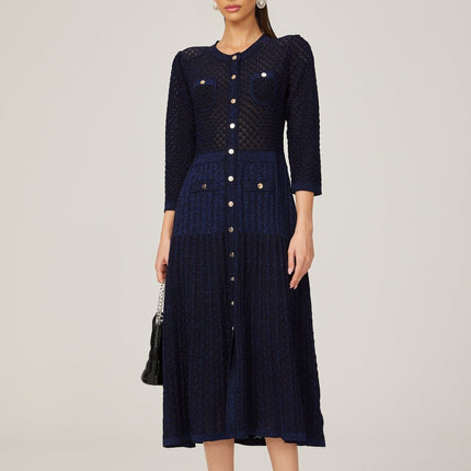Jayla Dark Blue Long Sleeve Midi Dress in Vibrant Knit