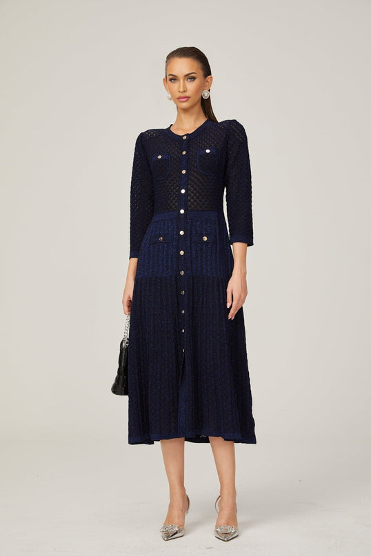 Jayla Dark Blue Long Sleeve Midi Dress in Vibrant Knit