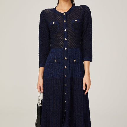 Jayla Dark Blue Long Sleeve Midi Dress in Vibrant Knit