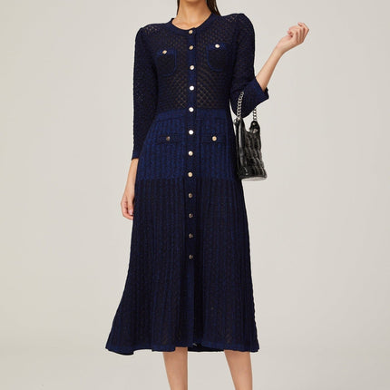 Jayla Dark Blue Long Sleeve Midi Dress in Vibrant Knitted Fabric