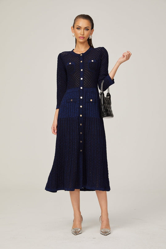 Jayla Dark Blue Long Sleeve Midi Dress in Vibrant Knitted Fabric