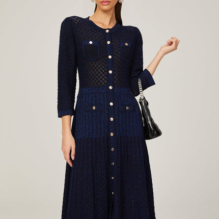 Jayla Dark Blue Long Sleeve Midi Dress Knitted Front Button Fastening