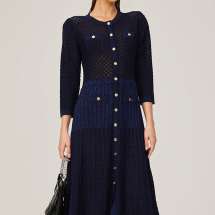 Jayla Dark Blue Long Sleeve Midi Dress in Vibrant Knit Fabric with Front Button Fastening and Patch Pockets