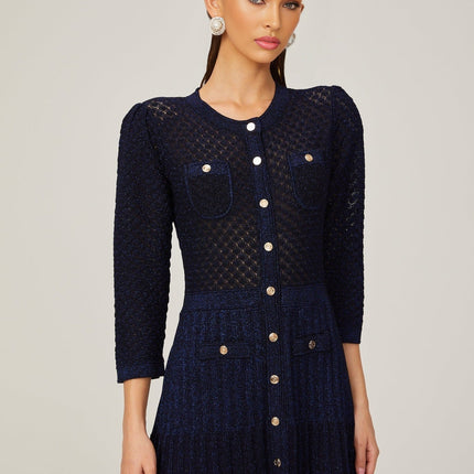 Jayla Dark Blue Long Sleeve Midi Dress Knitted Front Button Fastening Patch Pockets
