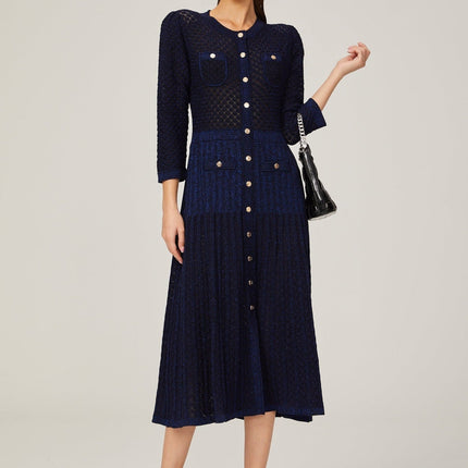 Jayla Dark Blue Long Sleeve Midi Dress Knitted Front Button Fastening Patch Pockets