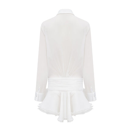 Jayla White Ruffled Blouse Pointed Collar Embellished Buttons Polyester Silk