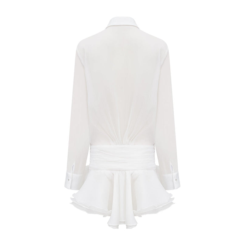 Jayla White Ruffled Blouse Pointed Collar Embellished Buttons Polyester Silk