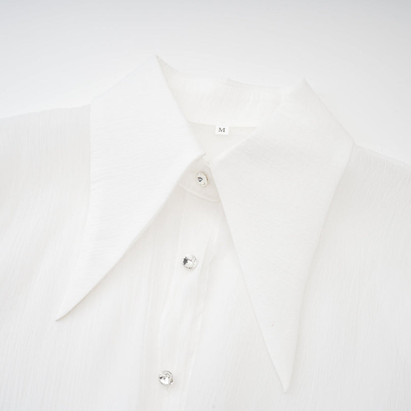 Jayla White Ruffled Blouse Polyester Silk Embellished Buttons Pointed Collar