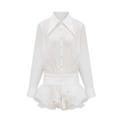 Jayla White Ruffled Blouse with Pointed Collar and Embellished Buttons