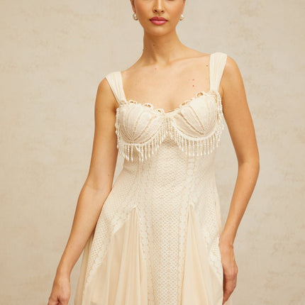 Jazlyn Mini Dress in Cream White with Faux-Pearl Embellishments and Brooch Detail