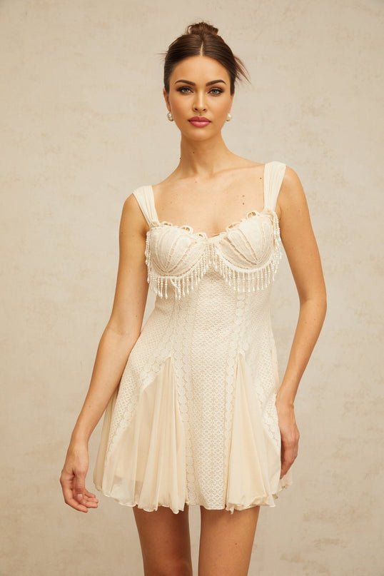 Jazlyn Mini Dress in Cream White with Faux-Pearl Embellishments and Brooch Detail