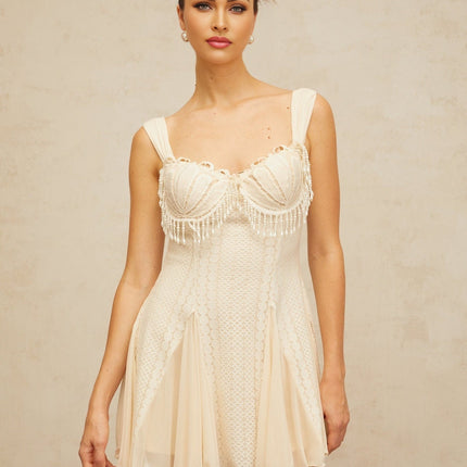 Jazlyn Mini Dress in Cream White with Sweetheart Neckline and Faux-Pearl Embellishments