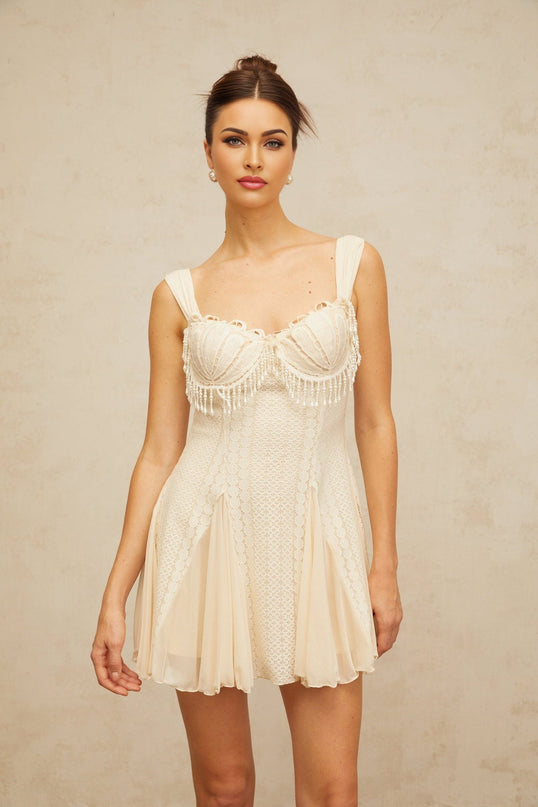 Jazlyn Mini Dress in Cream White with Sweetheart Neckline and Faux-Pearl Embellishments