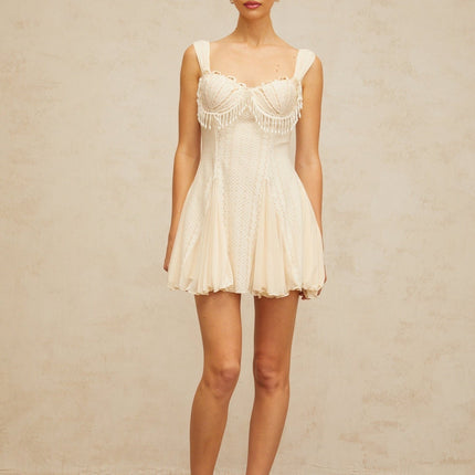 Jazlyn Mini Dress Cream White Sweetheart Neckline Faux-Pearl Embellishments Flared Hem