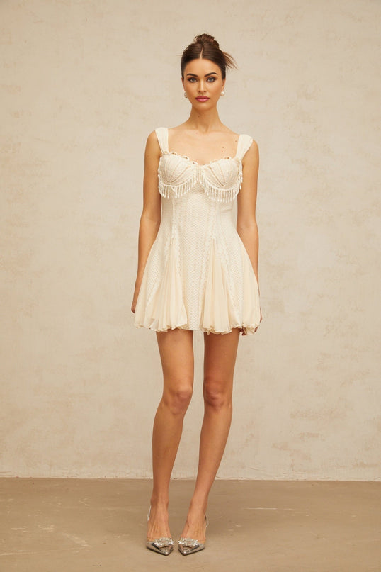 Jazlyn Mini Dress Cream White Sweetheart Neckline Faux-Pearl Embellishments Flared Hem
