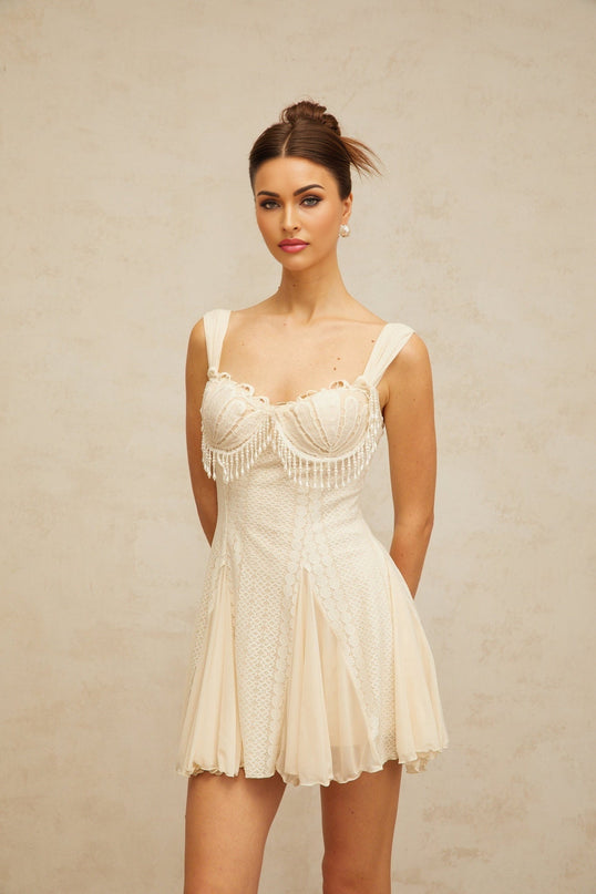 Jazlyn Mini Dress White Sweetheart Neckline Faux-Pearl Embellishments